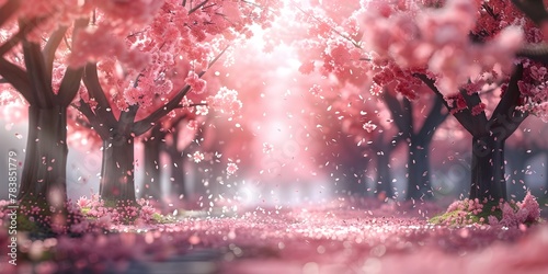 Cherry Blossom Avenue in Full Bloom with Gentle Falling Petals Creating a Soft Pink Carpet Underfoot