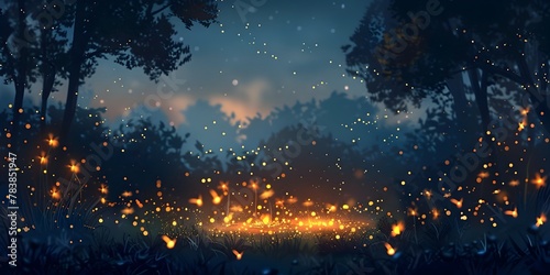 Enchanting Firefly Dance in Twilight Woodland Magical Glowing Insects Glimmering under Starry Sky