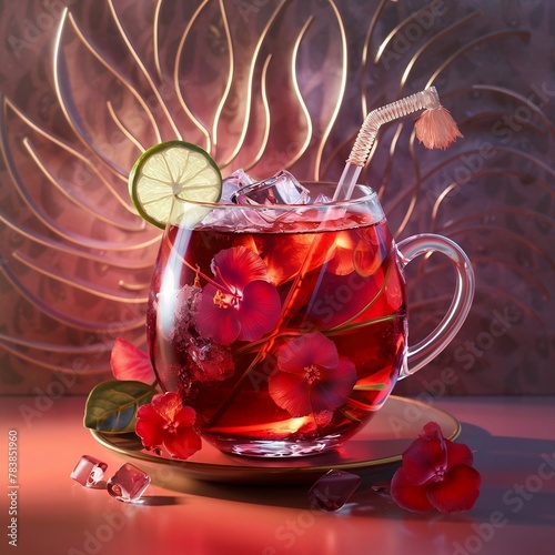 Cold tea with hibiscus in a glass cup, splashes and petals of flowers, and the idea of longevity