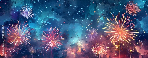 Vibrant Fireworks Bursting Across the Captivating Night Sky During a Joyful New Year s Eve © Thares2020
