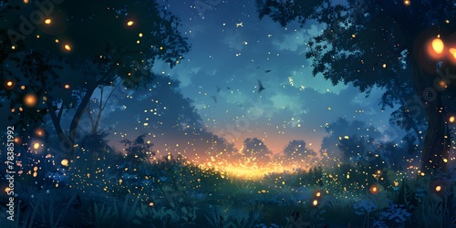 Enchanting Fireflies Dancing in the Warm Summer Twilight Magical Atmosphere in a Serene Forest Landscape