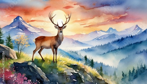 deer on mountain top at sunrise in spring  watercolor postcard