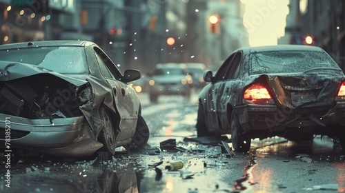 Realistic depiction of an auto accident involving two cars on a city street