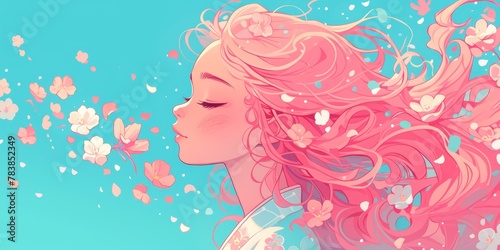 Illustration of a beautiful woman with flowers in an art paper style vector illustration against a pastel blue background showing a side view half body portrait with pink hair 