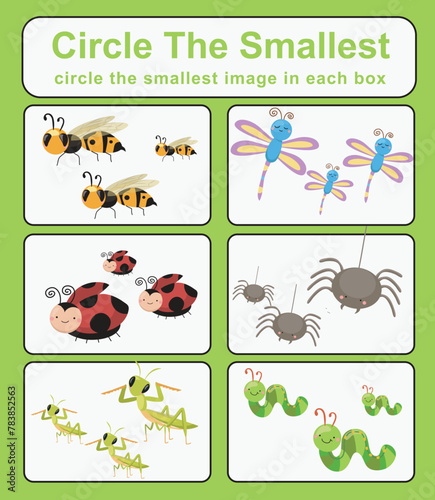 Circle the smallest worksheet. Learning about comparison. Printable activity page for kids. Educational children game