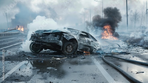 Graphic depiction of a horrific traffic accident with a smoking and burning vehicle lying in a rollover position