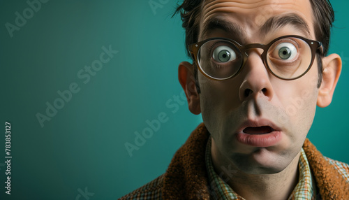 Close-Up Portrait of a Surprised Man with Round Glasses and Houndstooth Jacket on Teal Background
