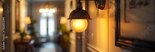 Close-up of a vintage-inspired pendant light in a hallway, hyperrealistic photography of modern interior design