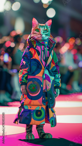 Stylish Cat in Colorful Abstract Coat Posing in Urban Lights