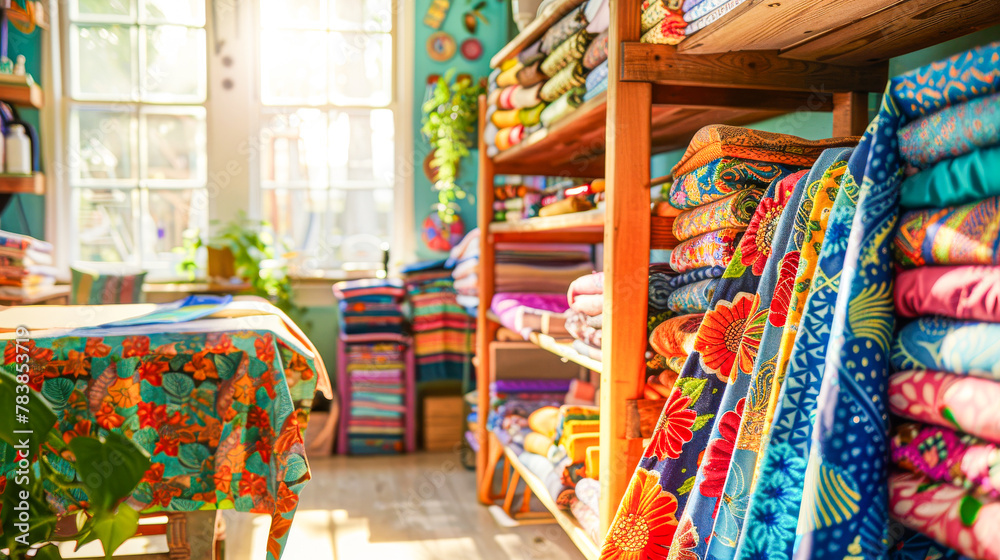 Fototapeta premium Colorful Fabric Store Interior with Bright Textile Patterns