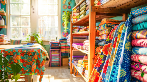 Colorful Fabric Store Interior with Bright Textile Patterns