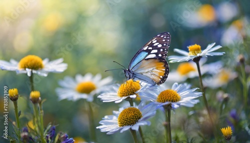 Background flower butterfly spring garden floral beauty blossom plant blue. Garden spring butterfly background summer flower field white color season banner daisy wild morning nature meadow bloom teal © Micaela