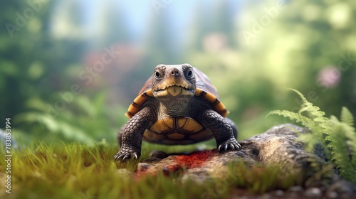 Turtle on green moss in the garden. 3d illustration.