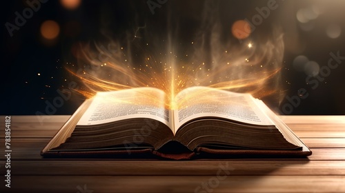 Open book with glowing pages on wooden table and bokeh background