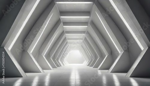 White background 3D room light abstract space technology tunnel stage floor. Empty white future 3D neon background studio futuristic corridor render modern interior silver road black wall design gray 