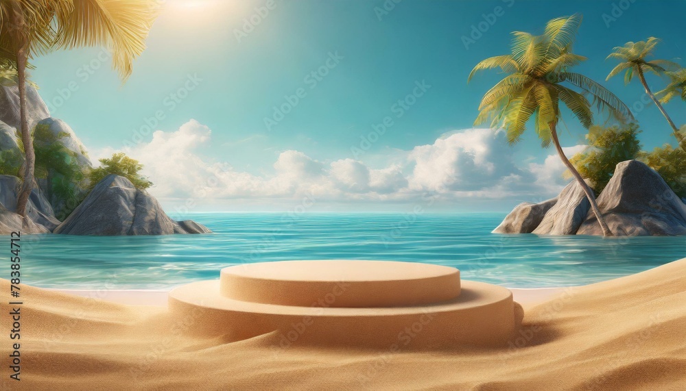 Beach podium summer background sand product 3D sea display platform. Beach podium summer banner stand scene sale sky holiday vacation stage water island sun travel pedestal promotion presentation ad 
