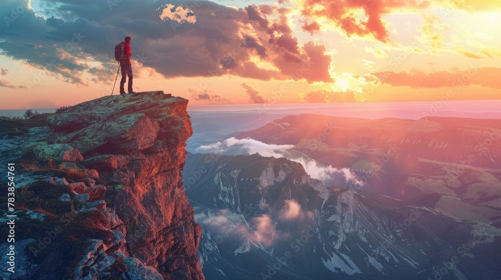 Strong climber standing on cliff enjoying sunset view