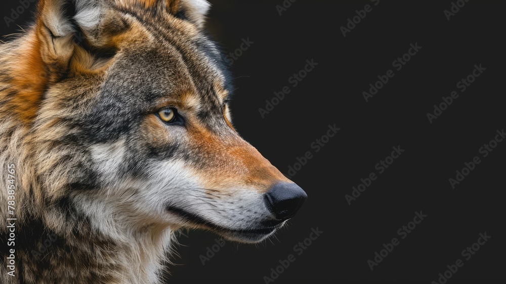 Close-up of a wolf's face with keen eyes.