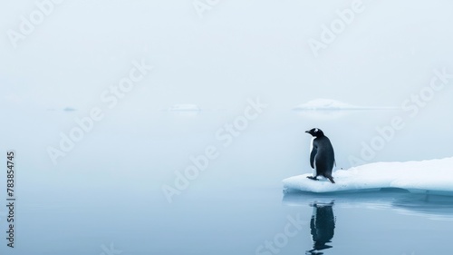 Penguin on an ice floe near calm water.