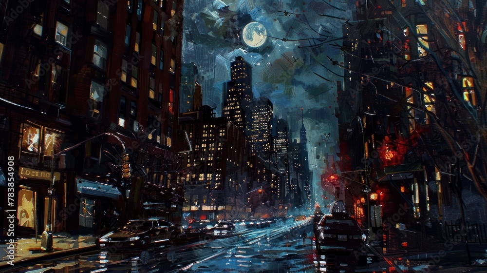 A vibrant city scene captured at night, illuminated by city lights and bustling with urban energy A vibrant city scene captured at night, illuminated by city lights and bustling with urban energy