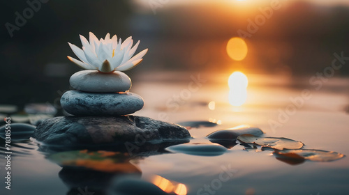 Zen Concept - Spa Stones And Waterlily In Lake At Sunset. Zen, meditation, harmony. Beautiful lotus flower and stack of stones on water surface, space for text
