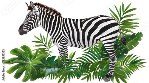   A zebra stands amidst a jungle  surrounded by palm leaves In the image s heart  a ball remains centrally positioned