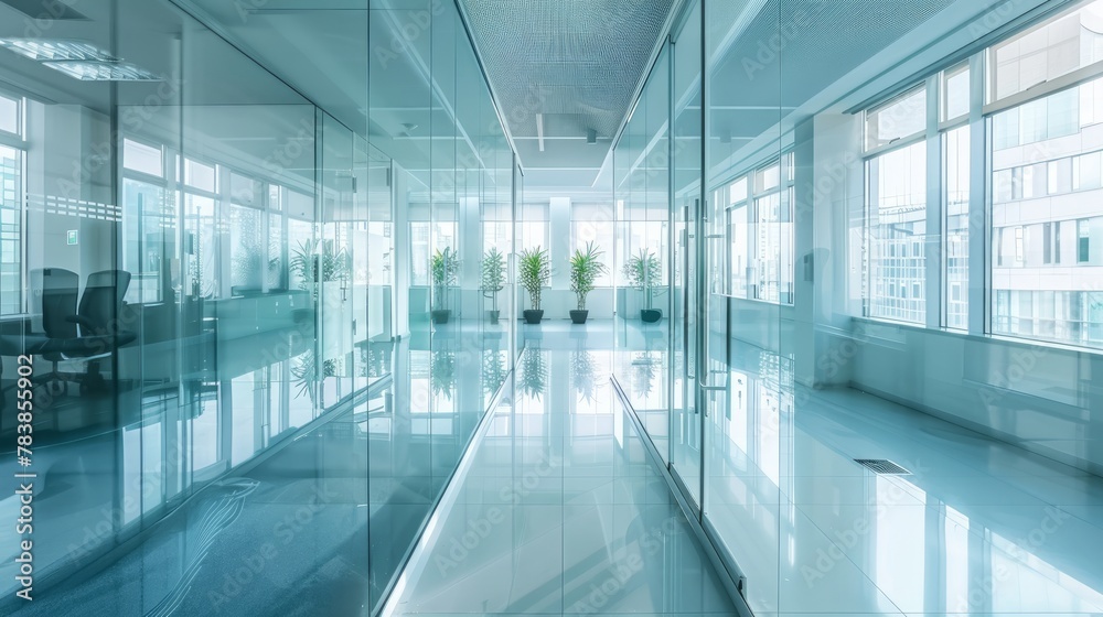 Reflective glass walls of a modern office building