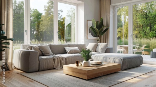 A cozy, well-lit living room featuring a grey sofa, wooden coffee table, and a large window with a view. © Chingiz