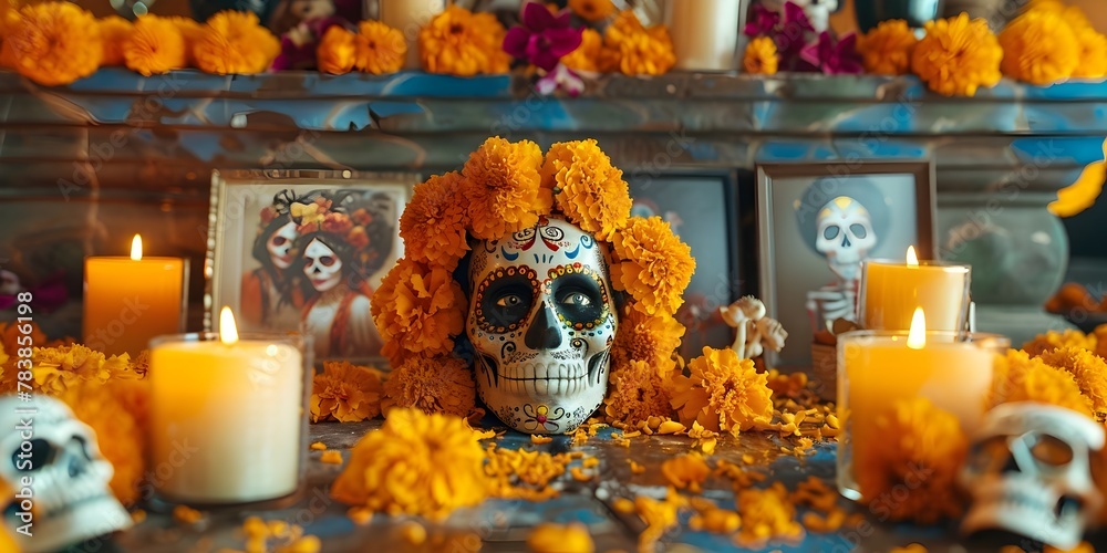 Vibrant Mexican Day of the Dead Altar with Marigolds Skulls and Photos Honoring Loved Ones