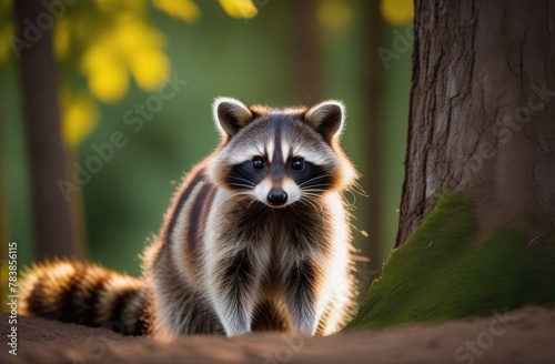 Cute raccoon in the morning forest,raccoon toddler looking in frame,wild animal forest walk