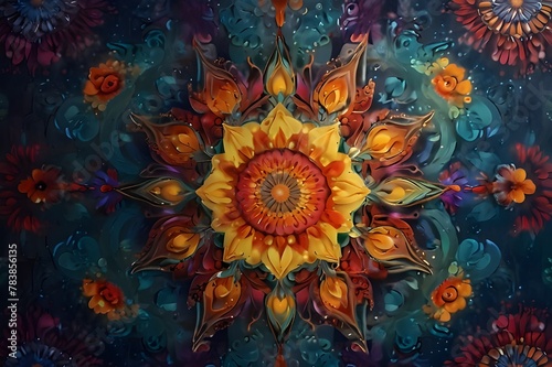 "Explore the intricate patterns and vibrant colors of a mandala art piece, rendered in a modern, abstract style."