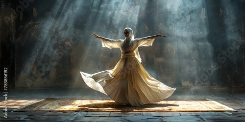 Whirling Dervish Dancers in Flowing Robes Spinning in Meditative Devotion an Ancient Sufi Ritual Captured in Dramatic Cinematic Lighting photo