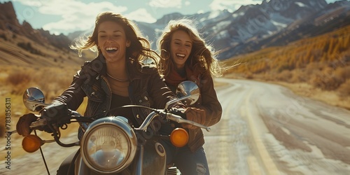 Two female friends riding a classic motorcycle on a winding mountain road feeling the wind in their hair and the thrill of adventure photo