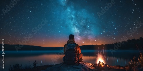 Backpacker Gazing at Starry Sky from Lakeside Campfire in Untouched Natural Scenery