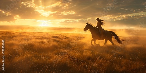 Equestrian Adventure Across Glowing Golden Plains at Sunset photo
