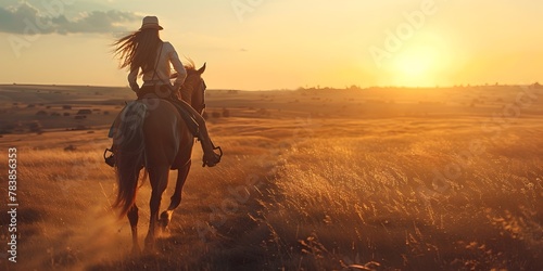 A Woman Riding Her Horse Across a Vast Grassy Plain as the Sun Sets in the Horizon Embodying the Spirit of Freedom and the Untamed Wild photo