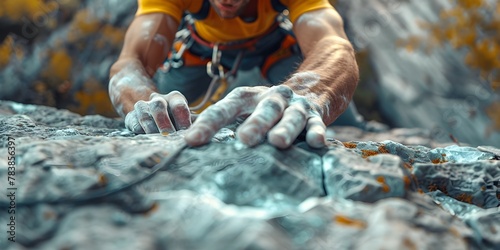 A Rock Climber Chalks Up Their Hands Focused on the Challenging Route Ahead Every Grip a Step Towards Triumph photo