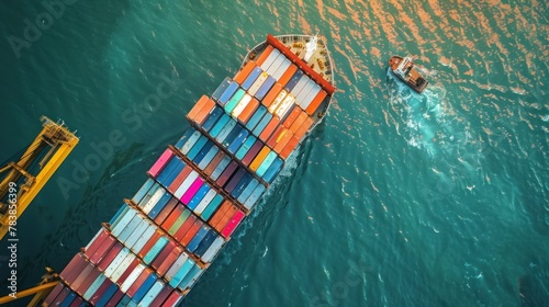 Top-down aerial view of a container ship at a bustling port, vividly depicting the loading and unloading process