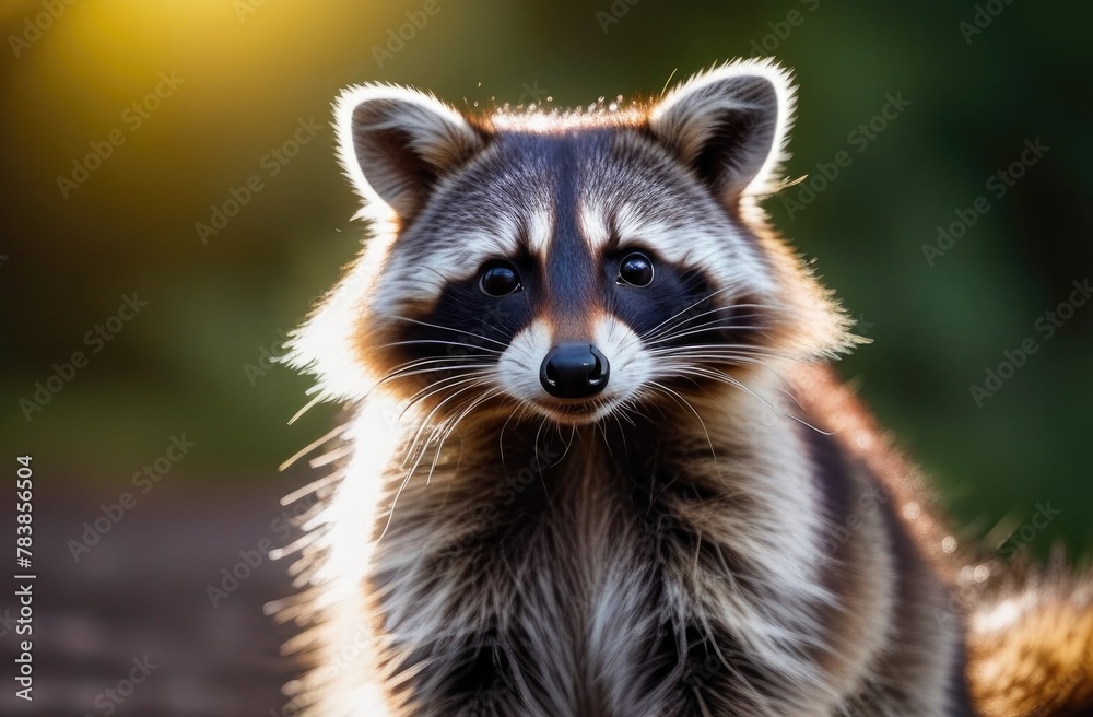 Cute raccoon in the morning forest,raccoon toddler looking in frame,wild animal forest walk