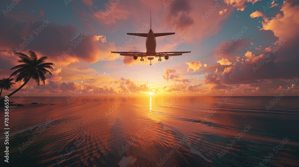 Naklejka premium An airplane soars above a tropical sea, bathed in the golden light of a setting sun