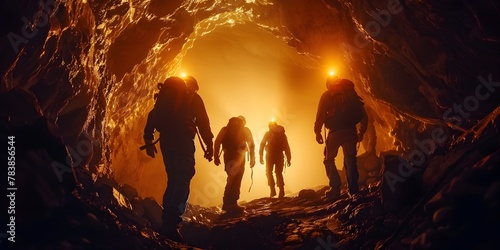 Intrepid Explorers Venturing into the Unknown Subterranean World Headlamps Piercing the Darkness of a Cavernous Cavern Revealing the Final Frontier photo