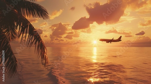 An airplane soars above a tropical sea  bathed in the golden light of a setting sun