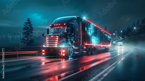 A cutting-edge autonomous semi truck with a cargo trailer, exemplifying futuristic transportation technology photo