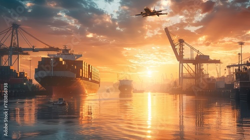 A dynamic scene with a cargo ship and plane, epitomizing the global reach of logistics and transportation