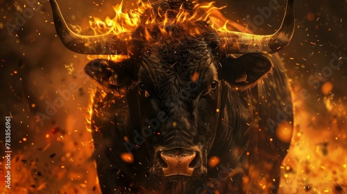 Look of the strong face of the bull with fire on the background