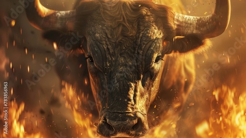 Look of the strong face of the bull with fire on the background