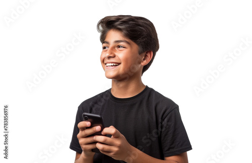 Smiling Teen with Phone on Transparent