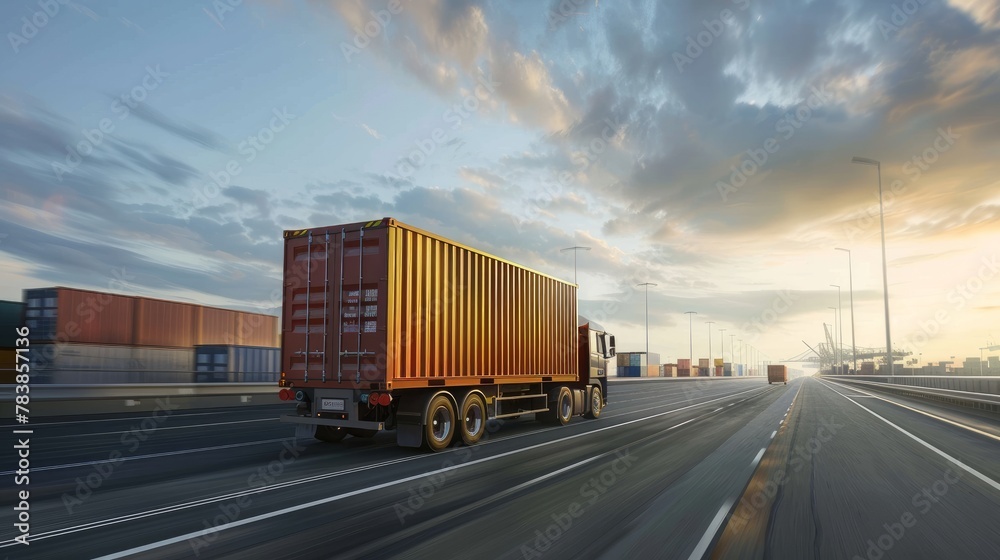 A solitary truck drives down a highway, bathed in the golden hues of a setting sun