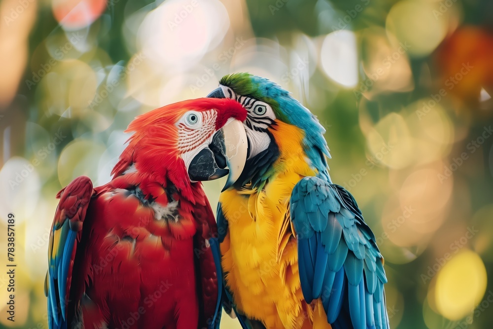 Colorful Macaws Parrots Sharing Affection, Bokeh Background
