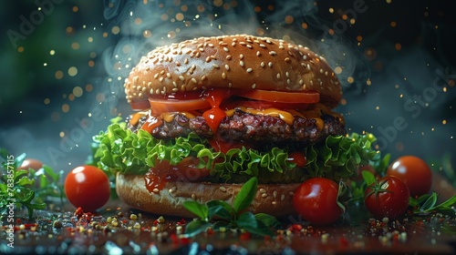 Floating gourmet burger buildup dramatic side lighting for layered texture and shadow detail vivid colors cinematic